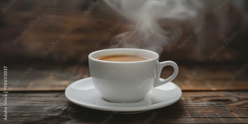A white cup of steaming coffee on a saucer placed on a wooden table. Concept Coffee Photography, Warm Beverage, Wooden Table Decor, Steaming Cup, Cozy Atmosphere A white cup of steaming coffee on a saucer placed on a wooden table. Concept Coffee Photography, Warm Beverage, Wooden Table Decor, Steaming Cup, Cozy Atmosphere