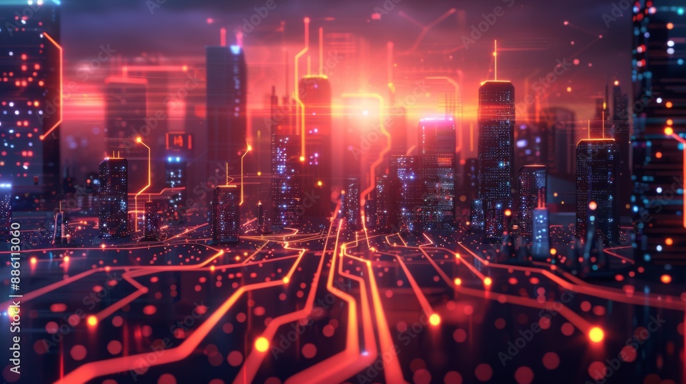 Naklejka premium Futuristic Smart Cyber City illustration: Innovative Urban Landscape in Digital Circuitry, futuristic technology concept, Graphic Resources, Wallpapers, Brochure, Websites, banner design, Advertising,