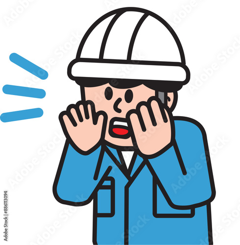 作業服を着た男性作業員が声を出しているシンプルなイラスト