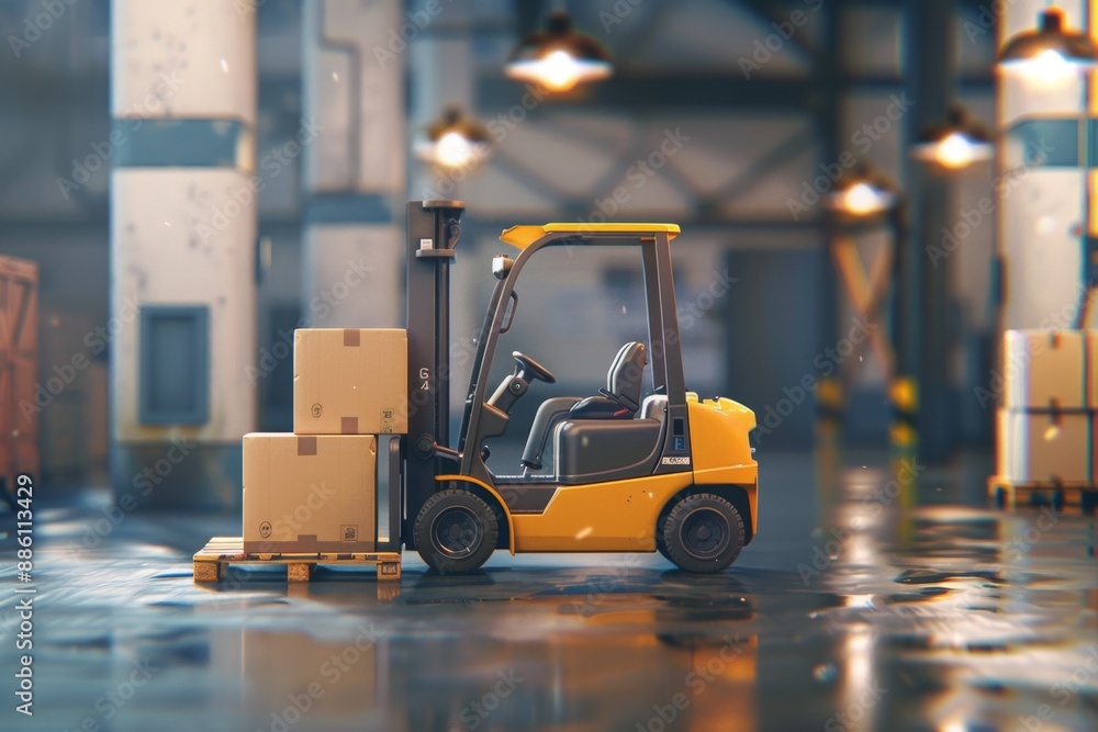 Yellow forklift moving boxes in a modern warehouse. Conceptual image of logistics and goods handling. High-quality stock photo for industrial purposes. Generative AI Yellow forklift moving boxes in a modern warehouse. Conceptual image of logistics and goods handling. High-quality stock photo for industrial purposes. Generative AI
