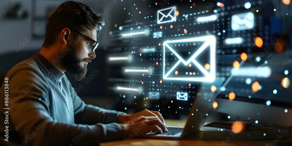 Businessman Designing Email Marketing Campaign in Home Office for Online Business and E Commerce Businessman Designing Email Marketing Campaign in Home Office for Online Business and E Commerce