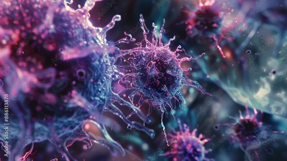 Close-up of vibrant, abstract microscopic cells on a blurred background. Biotech concept with pink, blue, and purple hues. Close-up of vibrant, abstract microscopic cells on a blurred background. Biotech concept with pink, blue, and purple hues.