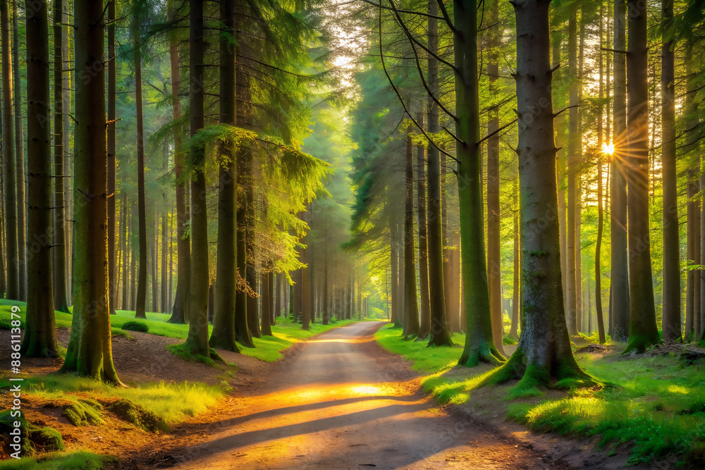 Tranquil Forest Path with Lush Green Trees and Sunlight Filtering Through Canopy. Tranquil Forest Path with Lush Green Trees and Sunlight Filtering Through Canopy.