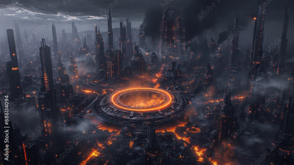 A dark fantasy style world with a city in the center of it, with black and orange lighting, surrounded by massive gray buildings, an ominous floating ring glowing above the ground A dark fantasy style world with a city in the center of it, with black and orange lighting, surrounded by massive gray buildings, an ominous floating ring glowing above the ground