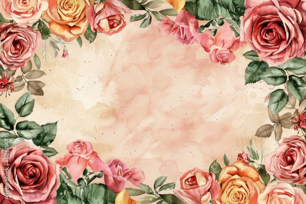 Delicate watercolor illustration of a garden frame with roses and irises in soft colors framed by intricate leaf patterns Delicate watercolor illustration of a garden frame with roses and irises in soft colors framed by intricate leaf patterns