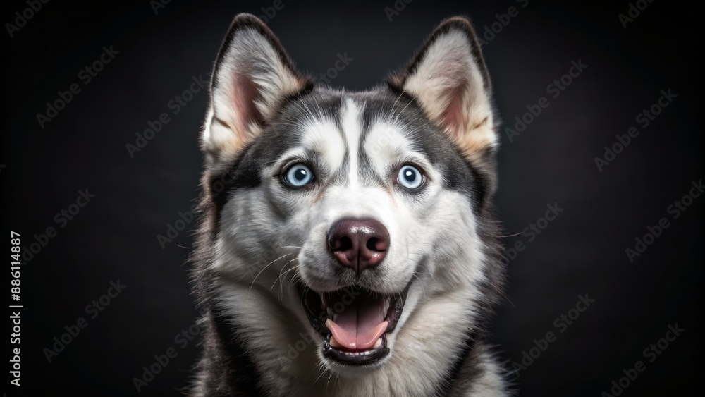 Adorable Siberian Husky's mouth agape, wide-eyed, and utterly astonished, set against a sleek, dramatic, high-contrast black background. Adorable Siberian Husky's mouth agape, wide-eyed, and utterly astonished, set against a sleek, dramatic, high-contrast black background.