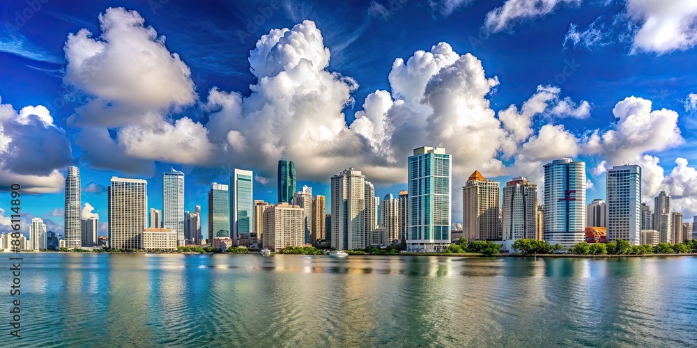 Beautiful panoramic skyline view of Miami, Florida with majestic skyscrapers, fluffy clouds, and clear blue sky , skyline, Miami Beautiful panoramic skyline view of Miami, Florida with majestic skyscrapers, fluffy clouds, and clear blue sky , skyline, Miami