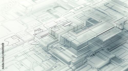 Tech blueprint with frosted glass layers in monochrome shades, over a light gray background.