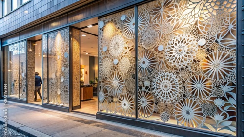 Colorful self-adhesive vinyl film wrapped around a modern store window, cut into intricate designs by a precision cutting plotter device.
