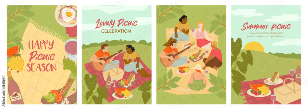 Set of summer picnic vector illustration cartoon, friends, party and food Set of summer picnic vector illustration cartoon, friends, party and food