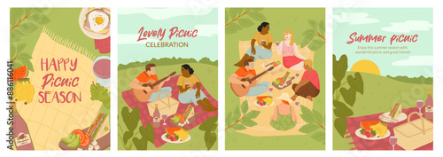 Set of summer picnic vector illustration cartoon, friends, party and food