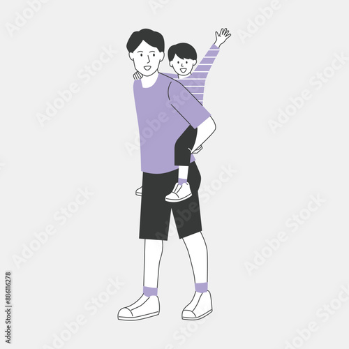 family 2.epsFamily illustration line art drawing vector of father and son piggyback ride carrying cheerful single dad playful