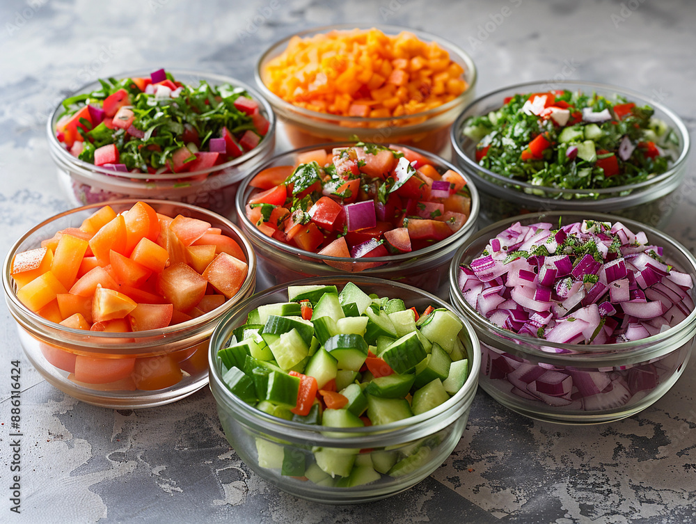 Seven Bowls of Chopped Vegetables for Salad Preparation:Seven Clear Glass Bowls Arranged on a Gray Countertop Each Contain a Different Chopped Vegetable Seven Bowls of Chopped Vegetables for Salad Preparation:Seven Clear Glass Bowls Arranged on a Gray Countertop Each Contain a Different Chopped Vegetable
