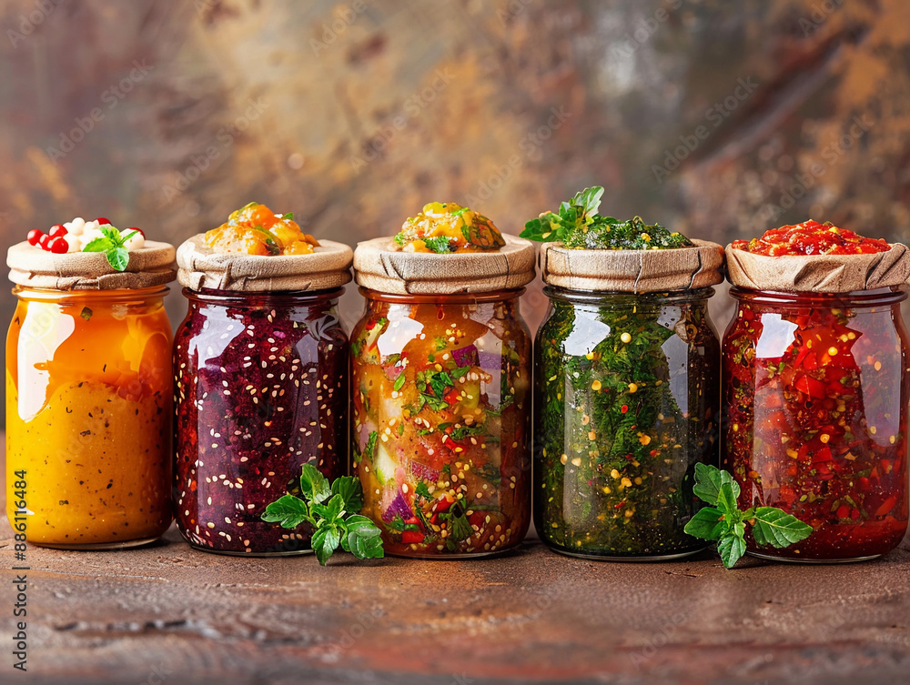 Five Jars of Homemade Preserves on a Rustic Tabletop Five Jars of Homemade Preserves on a Rustic Tabletop