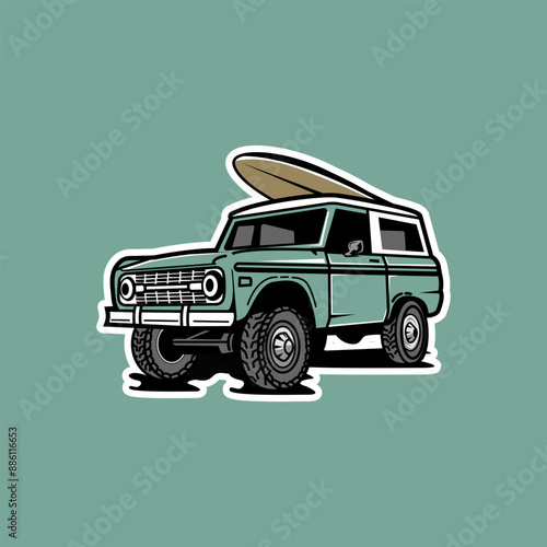 vector illustration of a jeep with a surfboard on the beach