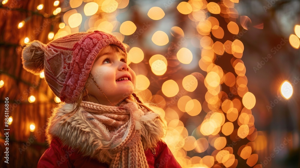 Child in cozy winter clothes looking at festive lights Child in cozy winter clothes looking at festive lights