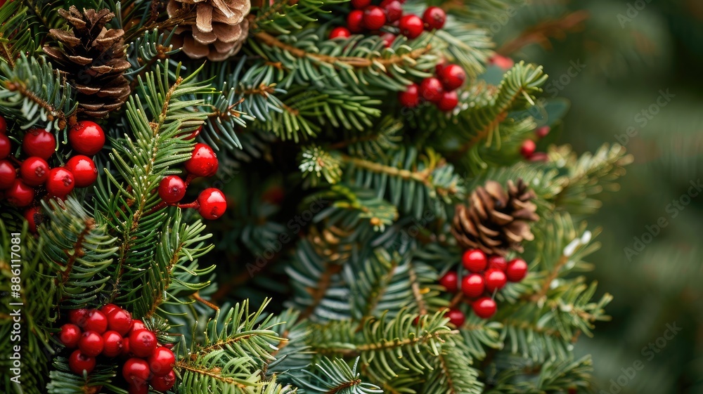 Festive wreath with pine cones and red berries Festive wreath with pine cones and red berries