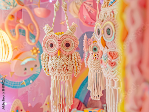 Handcrafted Macrame Owls in Playful Setting