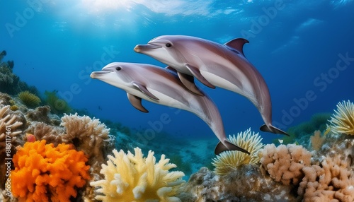 Dolphin Ocean Ballet: Dolphins Dancing Amid Vibrant Coral" "Graceful Leaps: Dolphins in a Colorful Coral Wonderland"