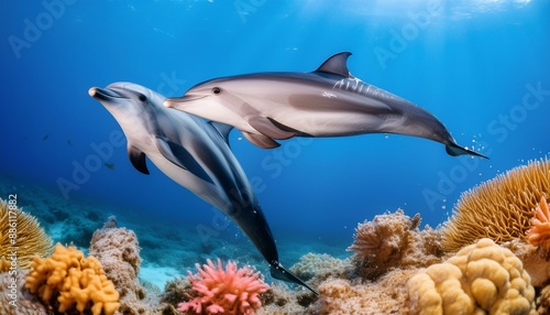 Dolphin Ocean Ballet: Dolphins Dancing Amid Vibrant Coral" "Graceful Leaps: Dolphins in a Colorful Coral Wonderland"