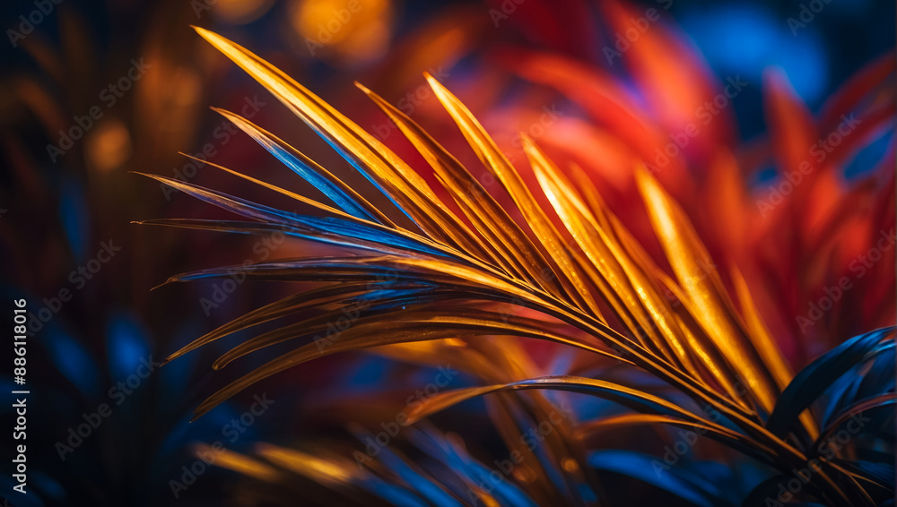 Fototapeta premium Vibrant tropical foliage bathed in colorful lighting, creating an exotic and lush garden with vibrant hues of red, yellow, and blue