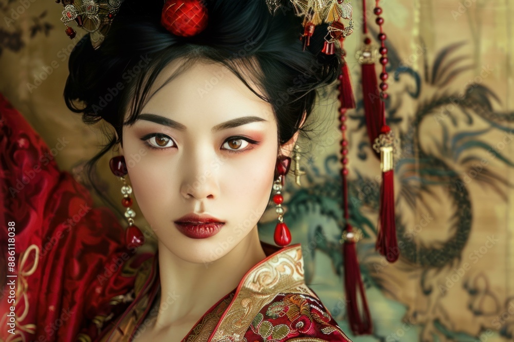 Beautiful chinese woman with elaborate hairstyle and makeup wearing traditional red silk dress with golden embroidery Beautiful chinese woman with elaborate hairstyle and makeup wearing traditional red silk dress with golden embroidery
