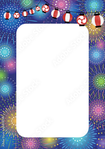 夏祭り　夜空と提灯と花火のイラスト　ベクター