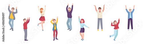 Happy People Character Standing with Raised Hands Up Vector Set