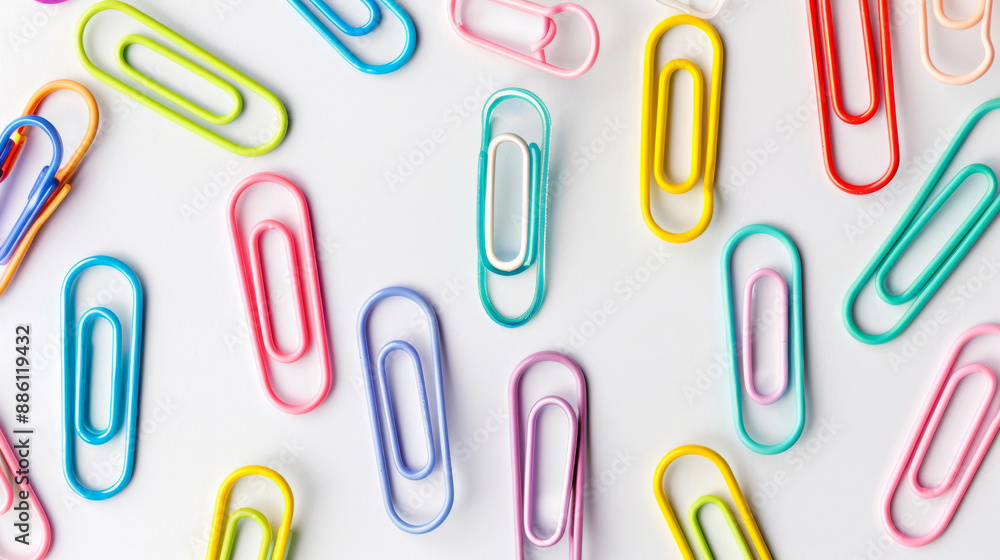 Colorful paper clips isolated on white, paper clip set. Office supplies with copy space for text, top view. Colorful paper clips isolated on white, paper clip set. Office supplies with copy space for text, top view.