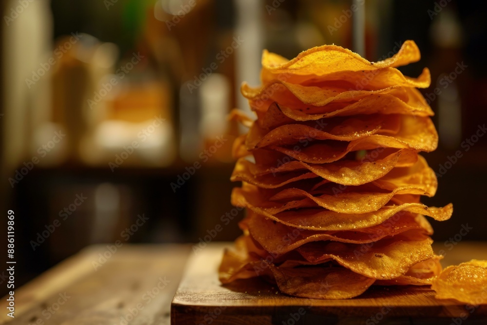 Round crispy corn tortilla chips seasoned with chili powder and salt are stacked high on a wooden cutting board Round crispy corn tortilla chips seasoned with chili powder and salt are stacked high on a wooden cutting board