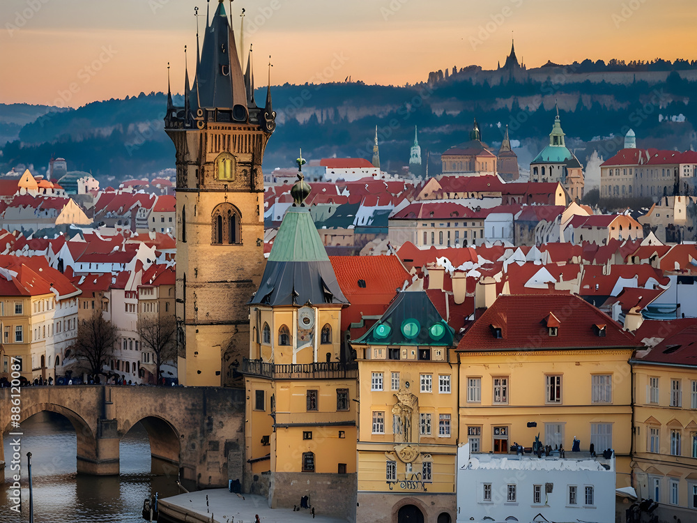 Obraz premium 체코 공화국 천문시계, 카를교, 건물, 대성당, an astronomical clock, a Karl bridge, a building, and a cathedral in the Czech Republic