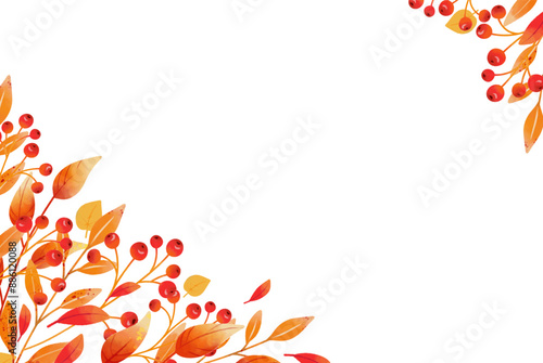 Autumn abstract background with beautiful watercolor leaves and berries. Frame with a pattern of leaf fall. Corner with autumn botanical elements. Vector illustration