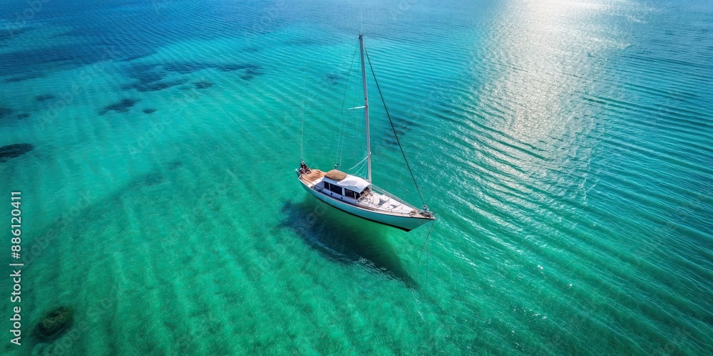 Aerial view of a solitary yacht gliding over tranquil aquamarine waters , yacht, boat, sailboat, ocean, sea, peaceful Aerial view of a solitary yacht gliding over tranquil aquamarine waters , yacht, boat, sailboat, ocean, sea, peaceful
