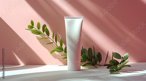 2. A minimalist image with a white background featuring a single tube of sunscreen lotion in the center