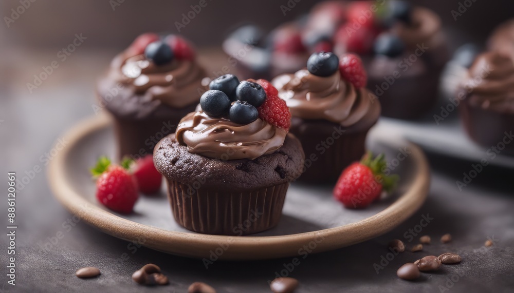 Chocolate muffin with chocolate cream and berries Chocolate muffin with chocolate cream and berries