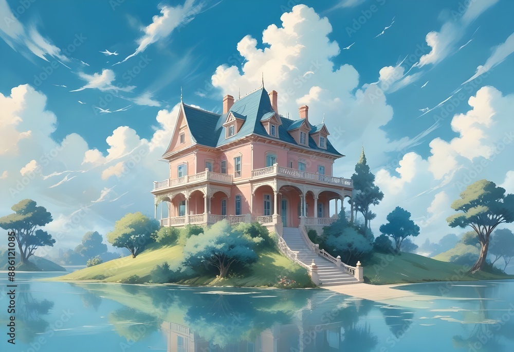 Obraz premium A beautiful home with intricate details placed on a piece of paper, the paper flying and floating in the air, 