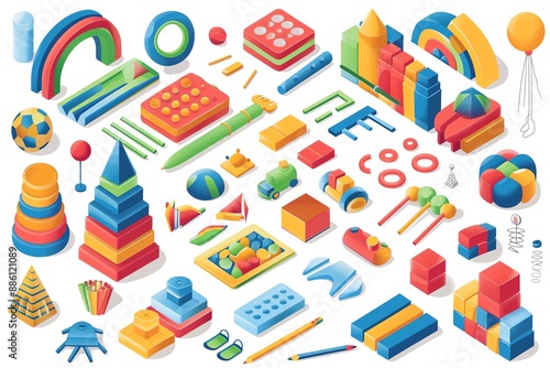 Colorful isometric set of various children's toys for play and learning.