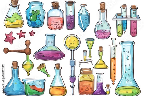 Colorful cartoon illustration of laboratory glassware and equipment. photo