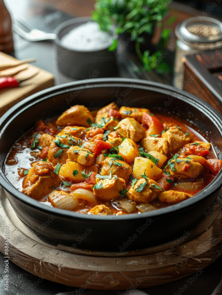 A pot of chicken stew with vegetables on a rustic table. A pot of chicken stew with vegetables on a rustic table.