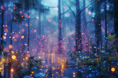 Fototapeta Naklejka Na Ścianę i Meble -  Magical forest with glowing lights and rain.
