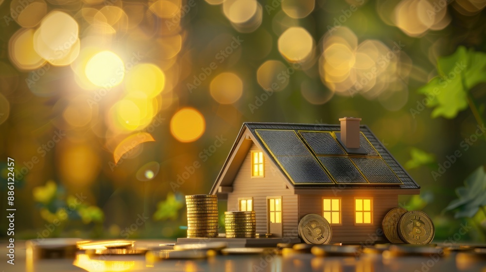 Toy house with solar panels and stack of coins Toy house with solar panels and stack of coins