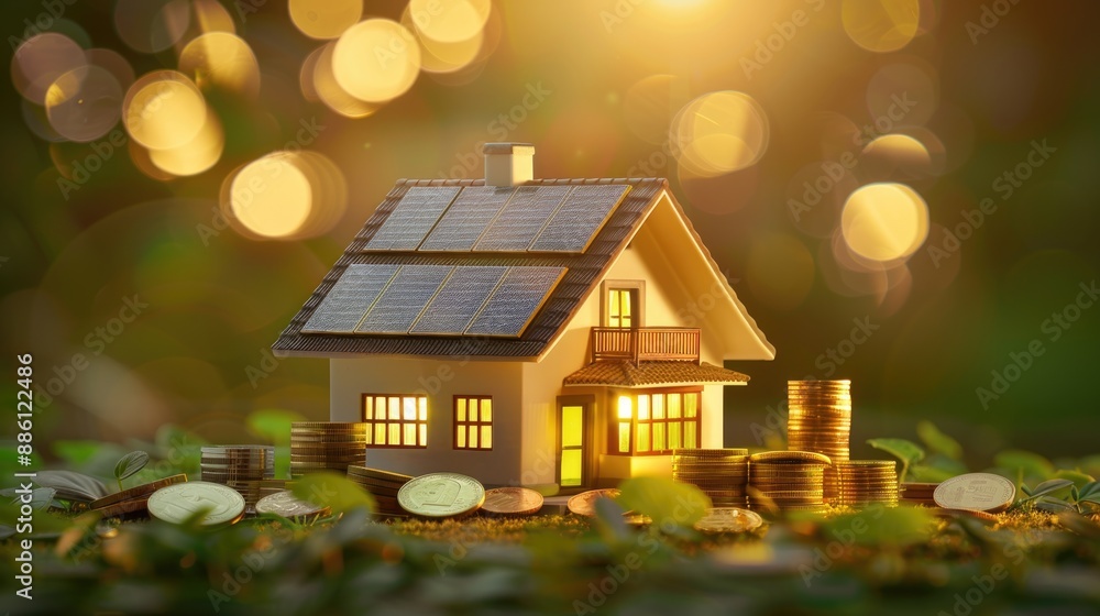 Toy house with solar panels and stack of coins Toy house with solar panels and stack of coins