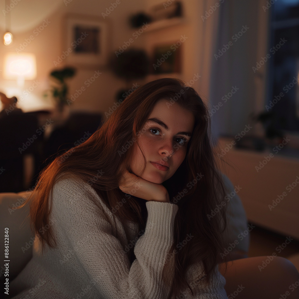Girl sitting in a cozy evening room, ai generative Girl sitting in a cozy evening room, ai generative