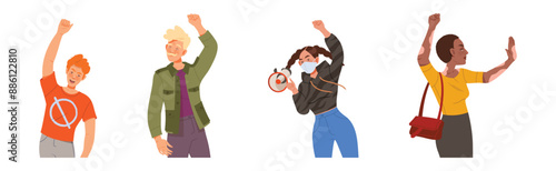 Protesting People Character at Demonstration or Strike Vector Set