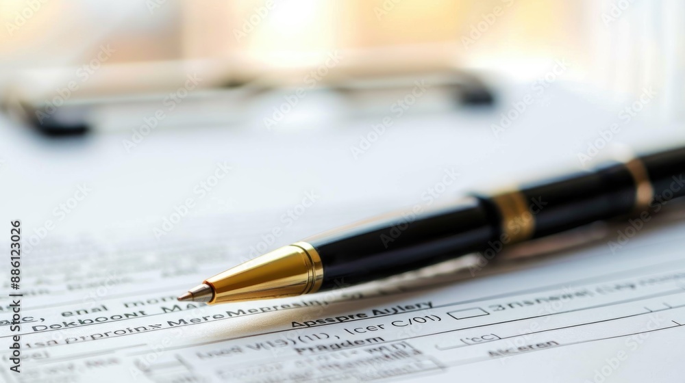 Pen lying on a contract or application form, wide angle view Pen lying on a contract or application form, wide angle view