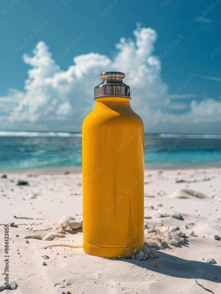 Yellow water bottle on a sandy beach with ocean in the background Yellow water bottle on a sandy beach with ocean in the background