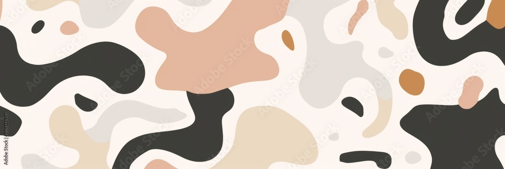 Abstract pattern with wavy, organic shapes in various shades of neutral colors, including beige, black, brown, peach, and white Abstract pattern with wavy, organic shapes in various shades of neutral colors, including beige, black, brown, peach, and white