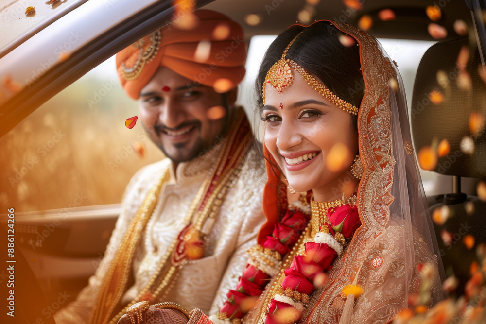 Obraz premium Newly- wed Indian ethnic Bride and Groom wearing traditional costumes and jewellery sitting inside a car 