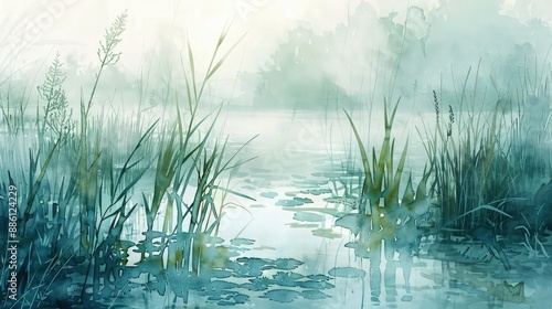 An early morning watercolor landscape featuring a foggy marshland, with delicate reeds and water plants in soft greens and blues emerging from the mist.