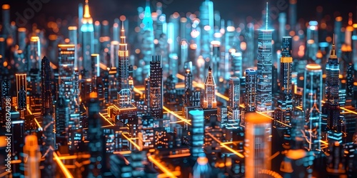 3D Rendering of Cyberpunk-Themed New York City on Computer Screen at Night. Concept 3D Rendering, Cyberpunk Theme, New York City, Computer Screen, Night Scene
